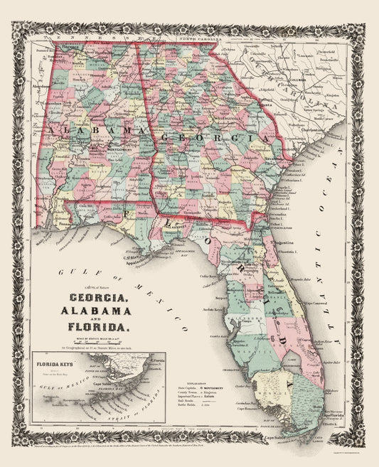 Historic State Map - Georgia Alabama Florida - Colton 1858 - 23 x 28.34 - Vintage Wall Art