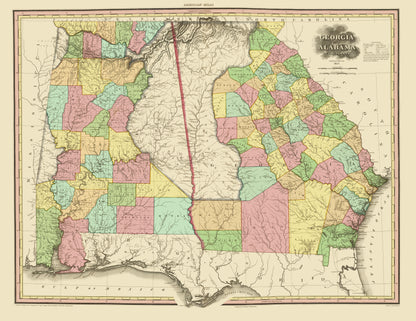 Historic State Map - Georgia Alabama - Tanner 1825 - 23 x 29.80 - Vintage Wall Art