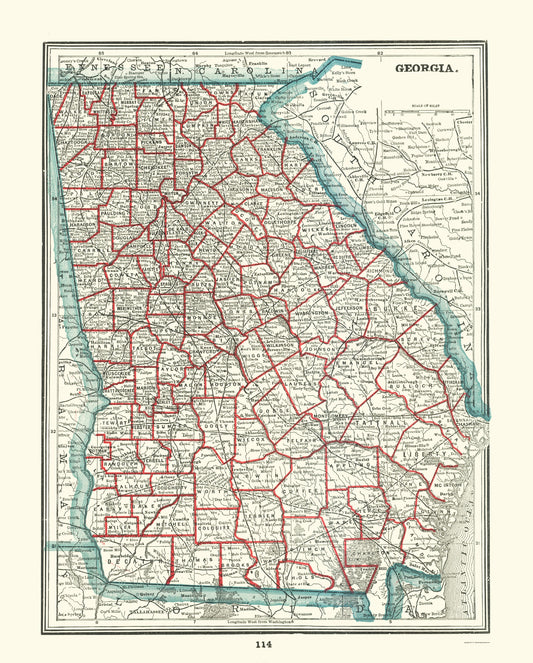 Historic State Map - Georgia - Rathbun 1893 - 23 x 28.60 - Vintage Wall Art