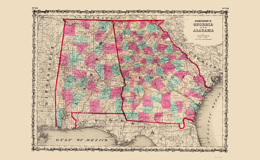 Historic State Map - Georgia Alabama - Johnson 1860 - 23 x 37.34 - Vintage Wall Art