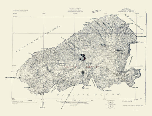 Topographical Map - Kahoolawe Hawaii Quad - USGS 1926 - 23 x 30.02 - Vintage Wall Art