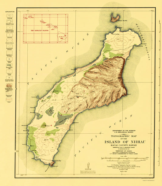 Topographical Map - Niihau Island Hawaii - USGS 1929 - 23 x 26.38 - Vintage Wall Art