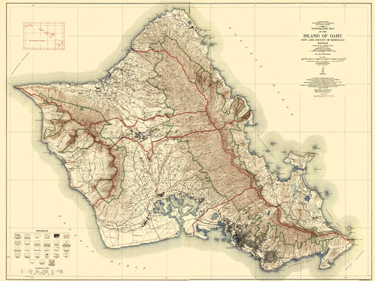 Topographical Map - Oahu Island Hawaii - USGS 1938 - 23 x 30.71 - Vintage Wall Art