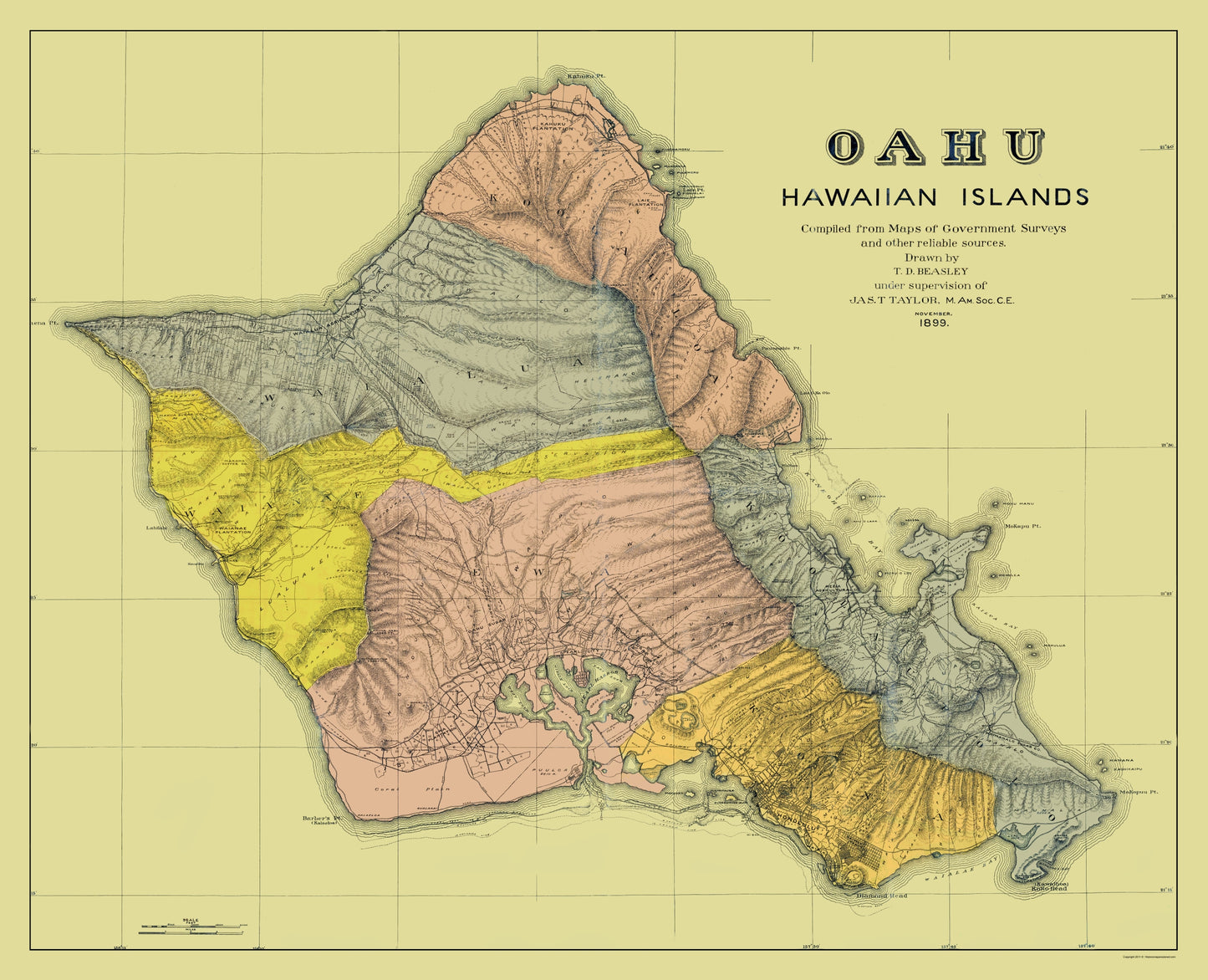 Historic County Map - Oahu County Hawaii - Beasley 1899 - 23 x 28.36 - Vintage Wall Art