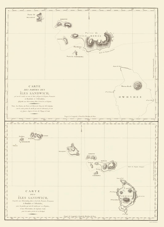 Historic State Map - Sandwich Islands Hawaii  - Bernizet 1797 - 23 x 31.75 - Vintage Wall Art