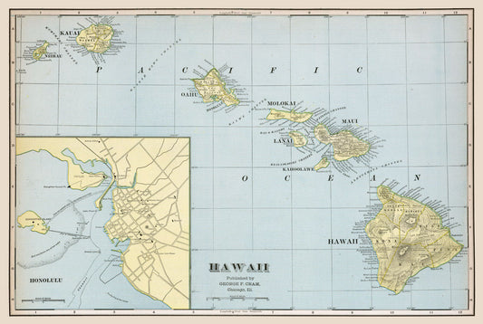 Historic State Map - Hawaii - Cram 1888 - 34.21 x 23 - Vintage Wall Art