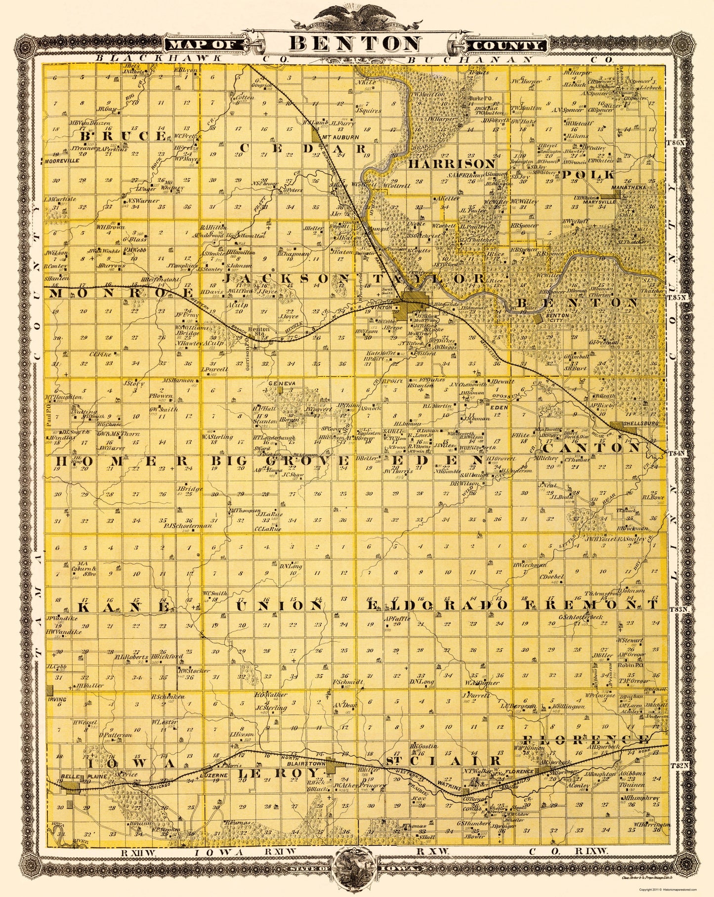 Historic County Map - Benton County Iowa - Andreas 1874 - 23 x 28.92 - Vintage Wall Art