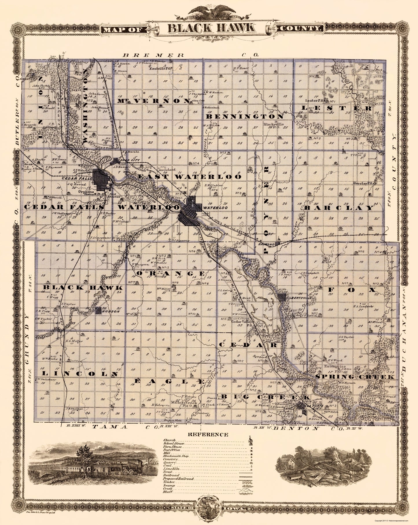 Historic County Map - Black Hawk County Iowa - Shober 1874 - 23 x 28.90 - Vintage Wall Art