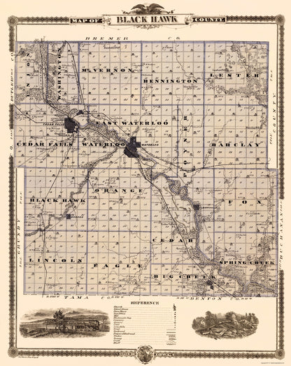 Historic County Map - Black Hawk County Iowa - Shober 1874 - 23 x 28.90 - Vintage Wall Art