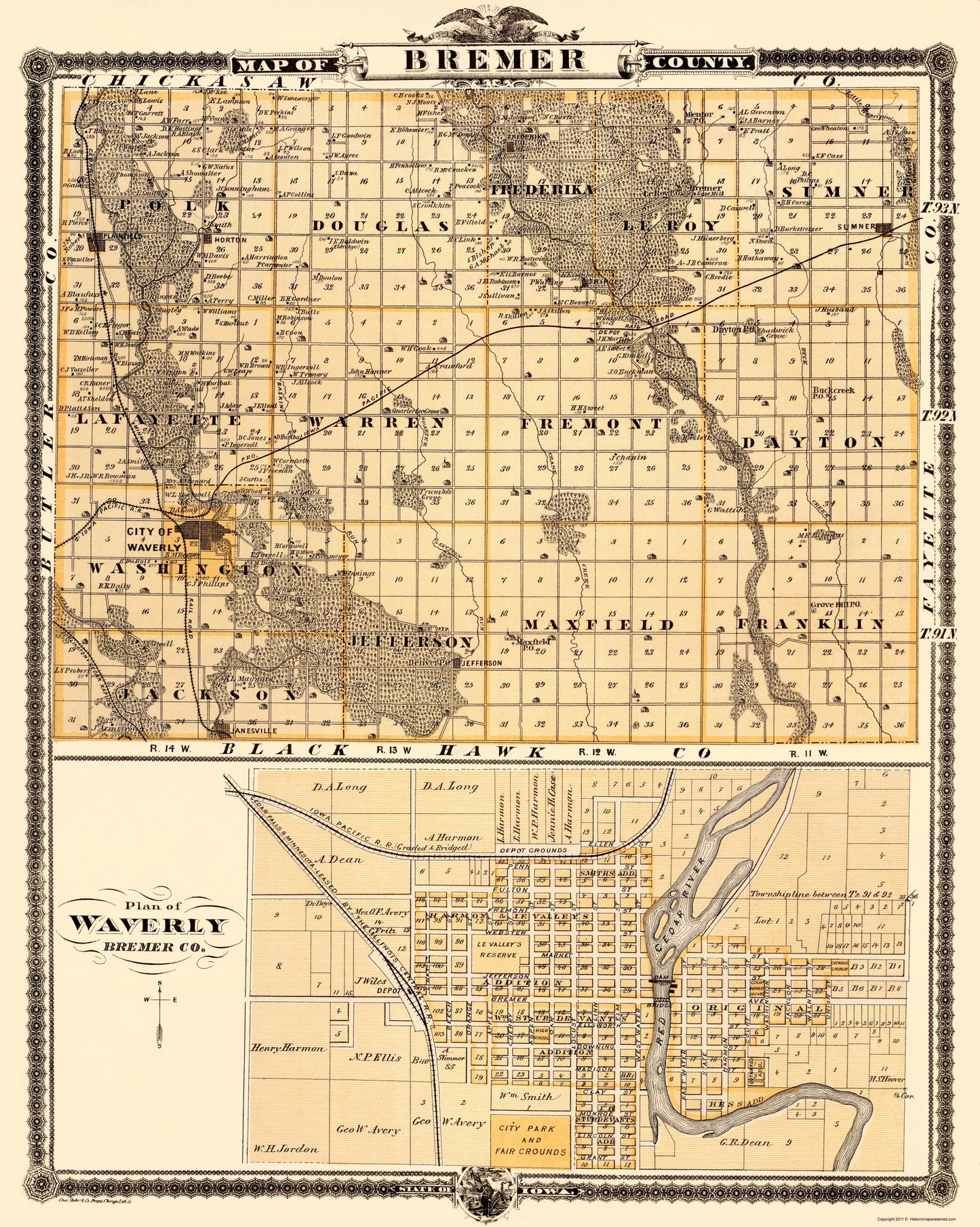 Historic County Map - Bremer County Iowa - Andreas 1874 - 23 x 28.80 - Vintage Wall Art