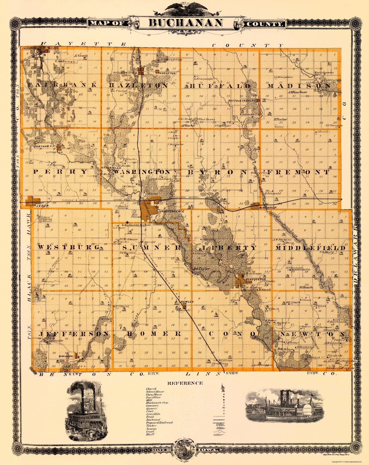 Historic County Map - Buchanan County Iowa - Andreas 1874 - 23 x 28.98 - Vintage Wall Art