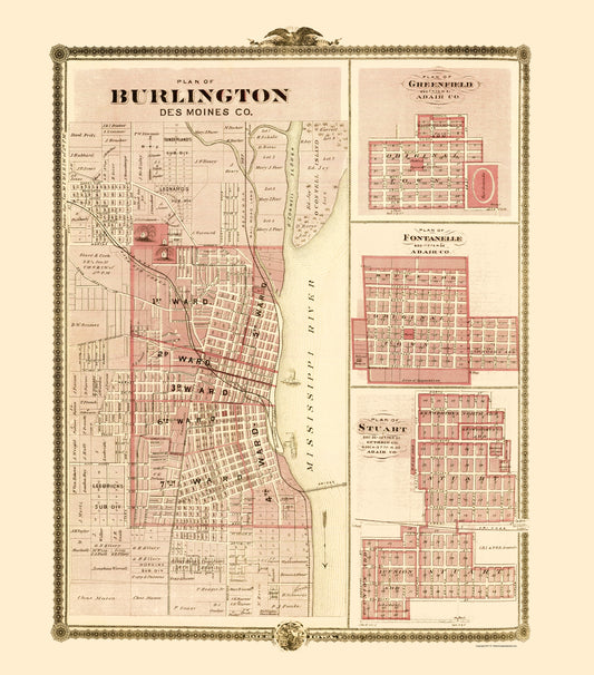 Historic City Map - Burlington Greenfield Fontanelle Stuart Iowa - Andreas 1874 - 23 x 26.16 - Vintage Wall Art