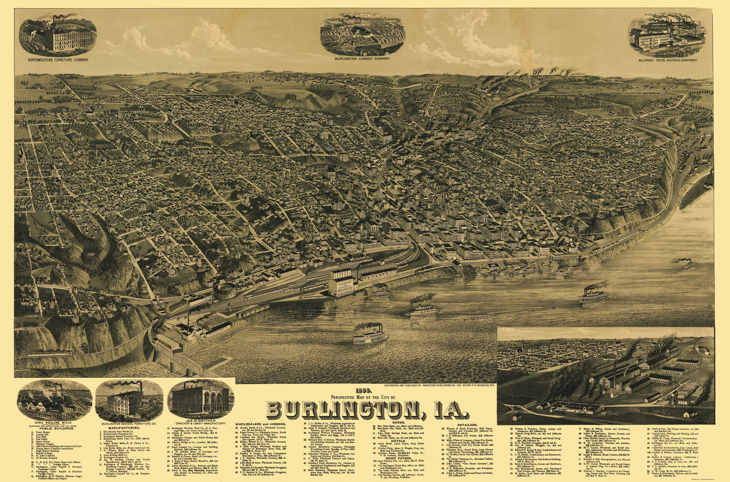 Historic Panoramic View - Burlington Iowa - Wellge 1889 - 23 x 34.83 - Vintage Wall Art