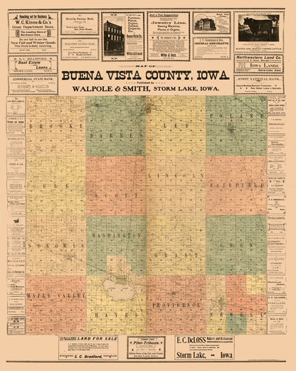 Historic County Map - Buena Vista County Iowa - Hixson 1901 - 23 x 28.79 - Vintage Wall Art