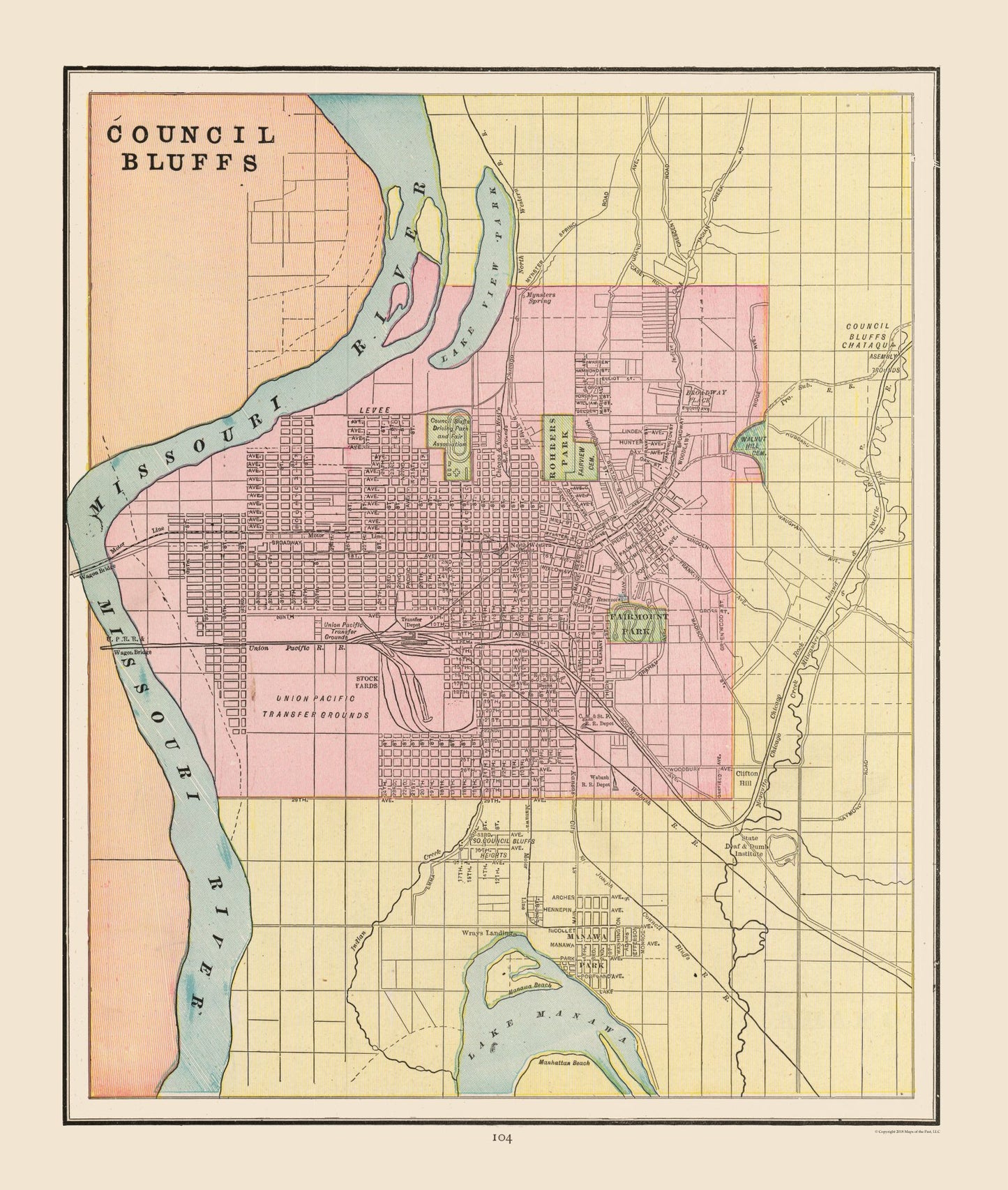 Historic City Map - Council Bluffs  Iowa - Cram 1892 - 23 x 27.16 - Vintage Wall Art