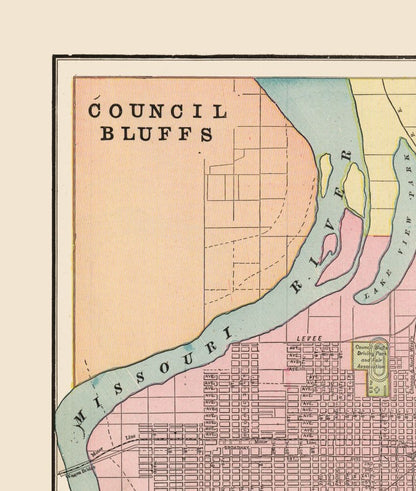 Historic City Map - Council Bluffs  Iowa - Cram 1892 - 23 x 27.16 - Vintage Wall Art