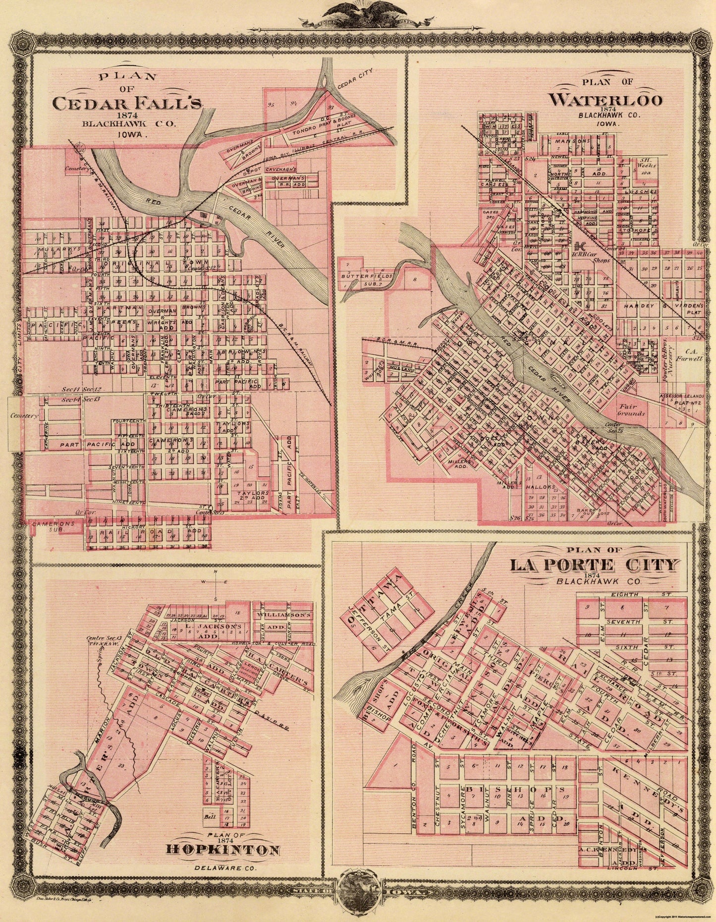 Historic City Map - Cedar Falls Waterloo Iowa - Andreas 1874 - 23 x 29.63 - Vintage Wall Art