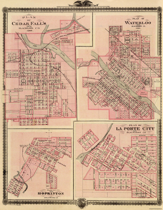 Historic City Map - Cedar Falls Waterloo Iowa - Andreas 1874 - 23 x 29.63 - Vintage Wall Art