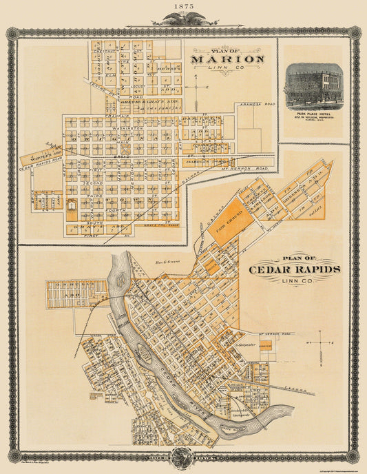 Historic City Map - Cedar Rapids Marion Iowa - Shober 1875 - 23 x 29.69 - Vintage Wall Art