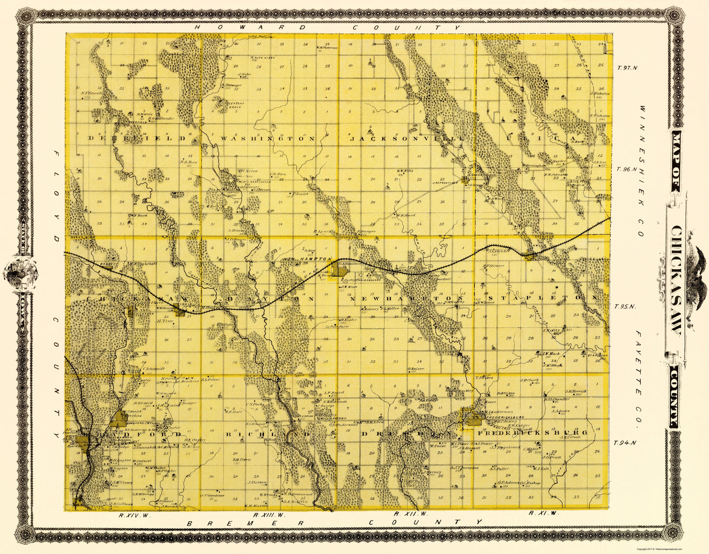 Historic County Map - Chickasaw County Iowa - Andreas 1874 - 23 x 29.41 - Vintage Wall Art