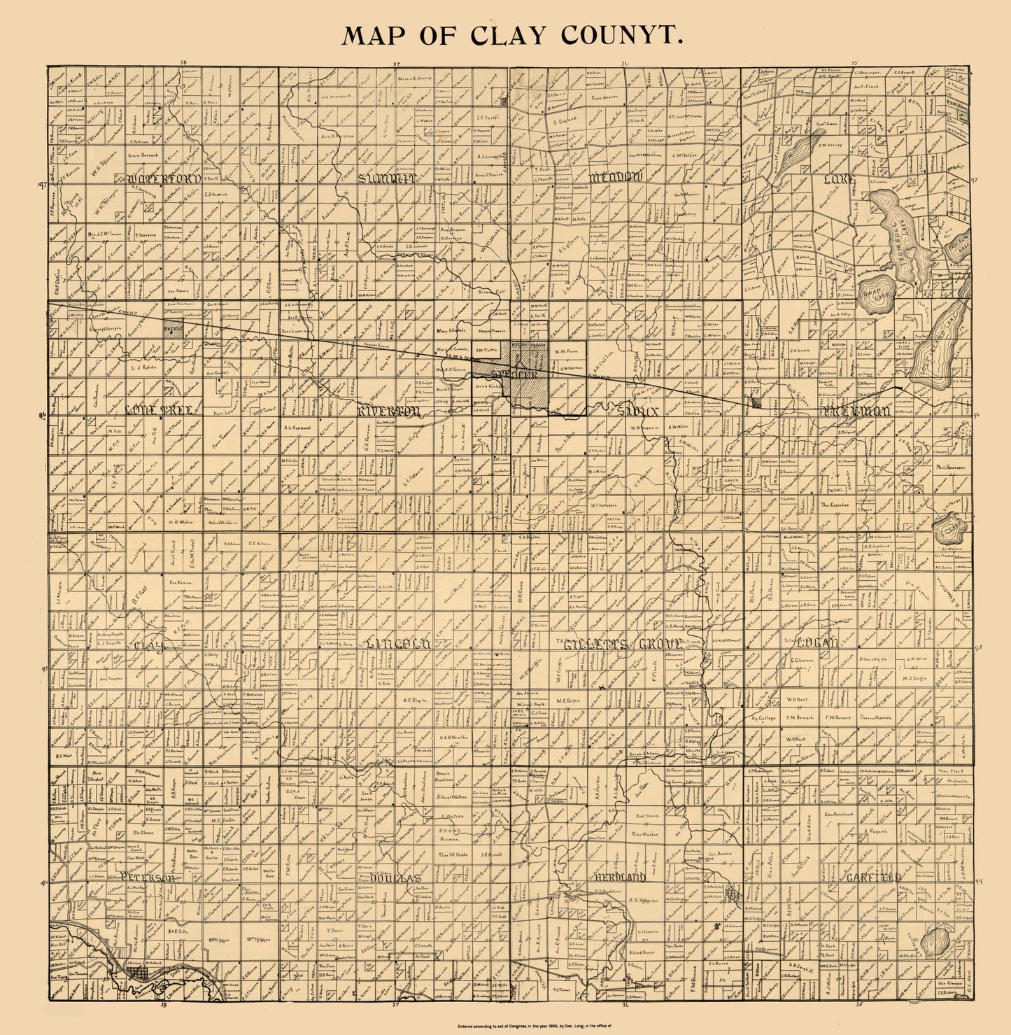 Historic County Map - Clay County Iowa - Long 1896 - 23 x 23.55 - Vintage Wall Art