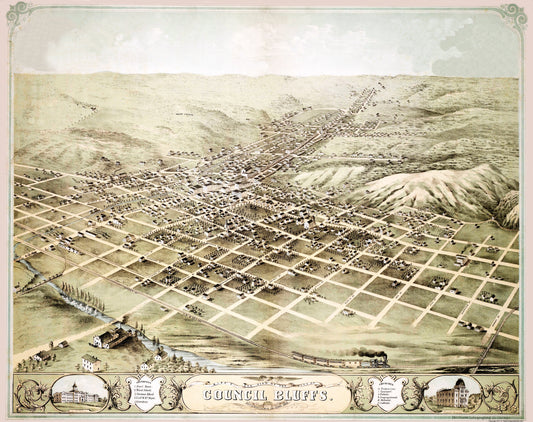 Historic Panoramic View - Council Bluffs Iowa - Ruger 1868 - 23 x 29.05 - Vintage Wall Art