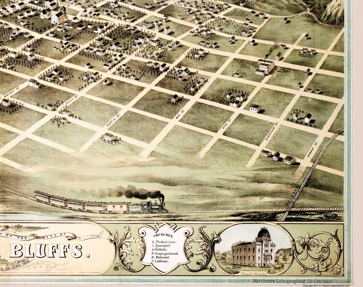 Historic Panoramic View - Council Bluffs Iowa - Ruger 1868 - 23 x 29.05 - Vintage Wall Art