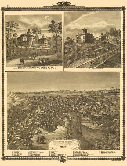 Historic Panoramic View - Council Bluffs Iowa - Andreas 1875 - 23 x 29.94 - Vintage Wall Art