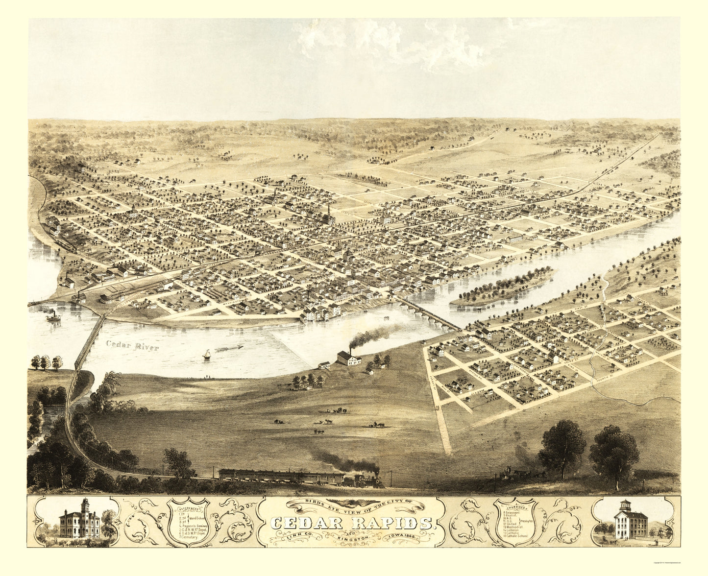 Historic Panoramic View - Cedar Rapids Iowa - Ruger 1868 - 23 x 28.27 - Vintage Wall Art