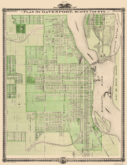 Historic City Map - Davenport Iowa - Shober 1875 - 23 x 29.75 - Vintage Wall Art