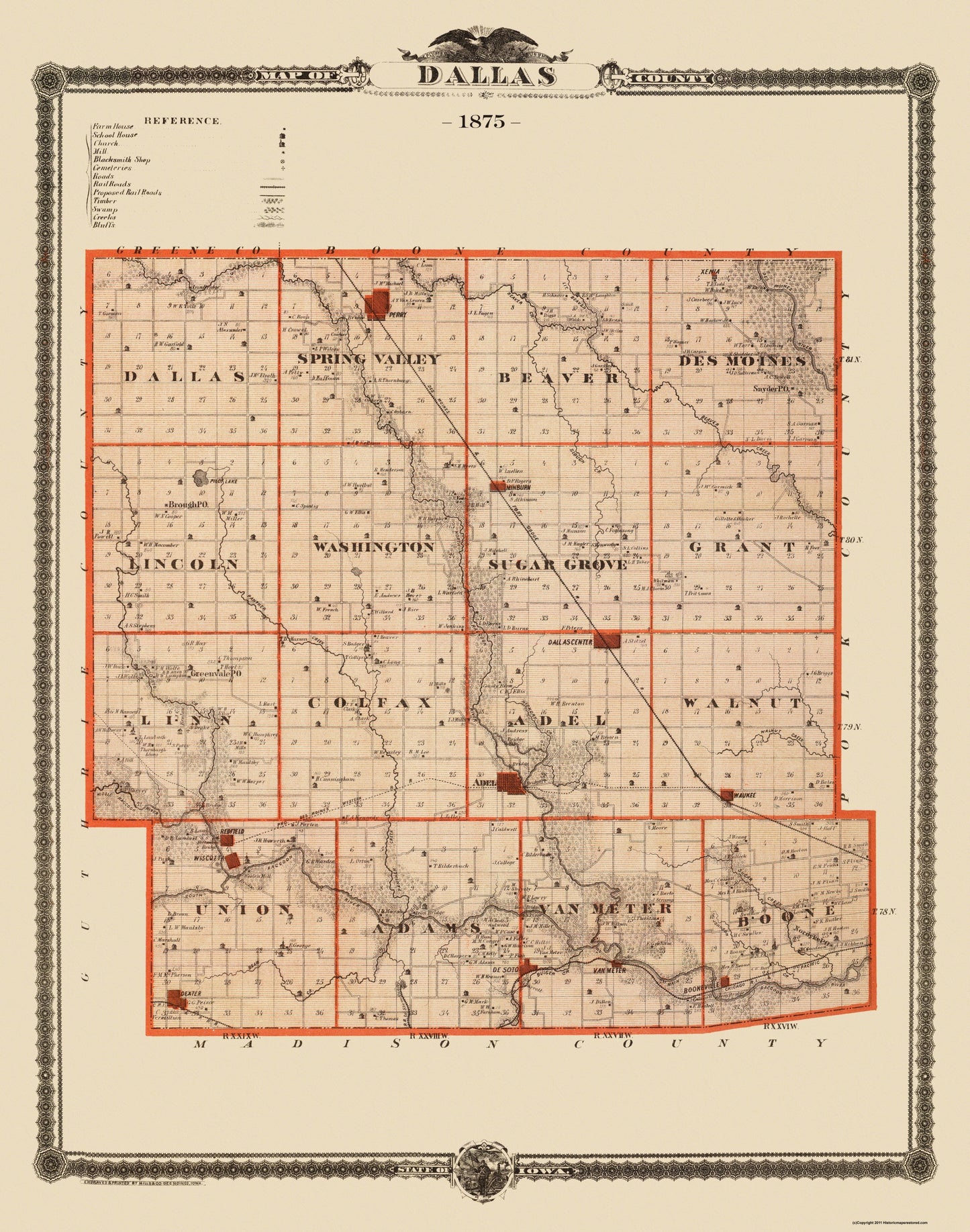 Historic County Map - Dallas County Iowa - Mills 1875 - 23 x 29.19 - Vintage Wall Art