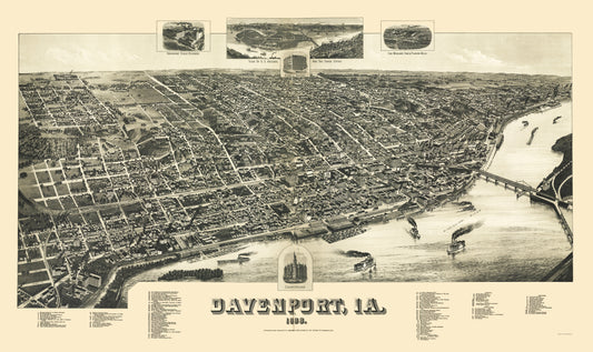 Historic Panoramic View - Davenport Iowa - Wellge 1888 - 23 x 38.69 - Vintage Wall Art