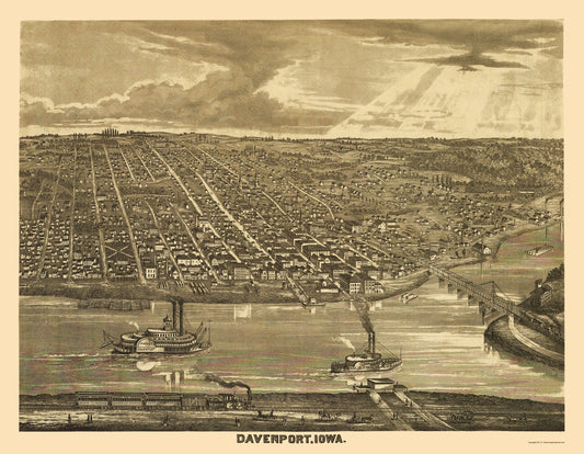 Historic Panoramic View - Davenport Iowa - Andreas 1875 - 23 x 29.60 - Vintage Wall Art