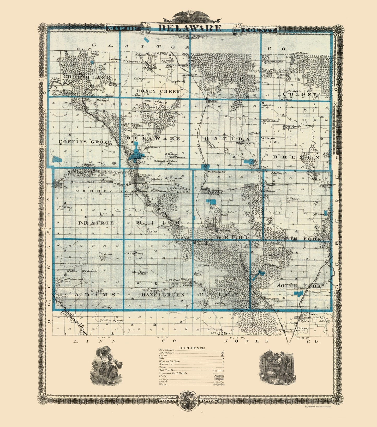 Historic County Map - Delaware County Iowa - Andreas 1874 - 23 x 26.07 - Vintage Wall Art