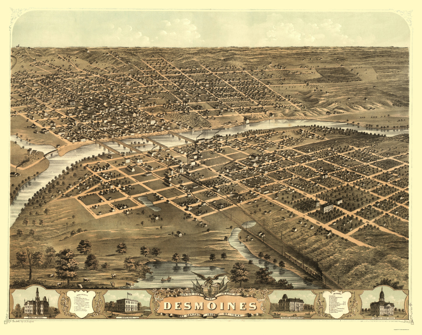 Historic Panoramic View - Des Moines Iowa - Ruger 1868 - 23 x 28.97 - Vintage Wall Art