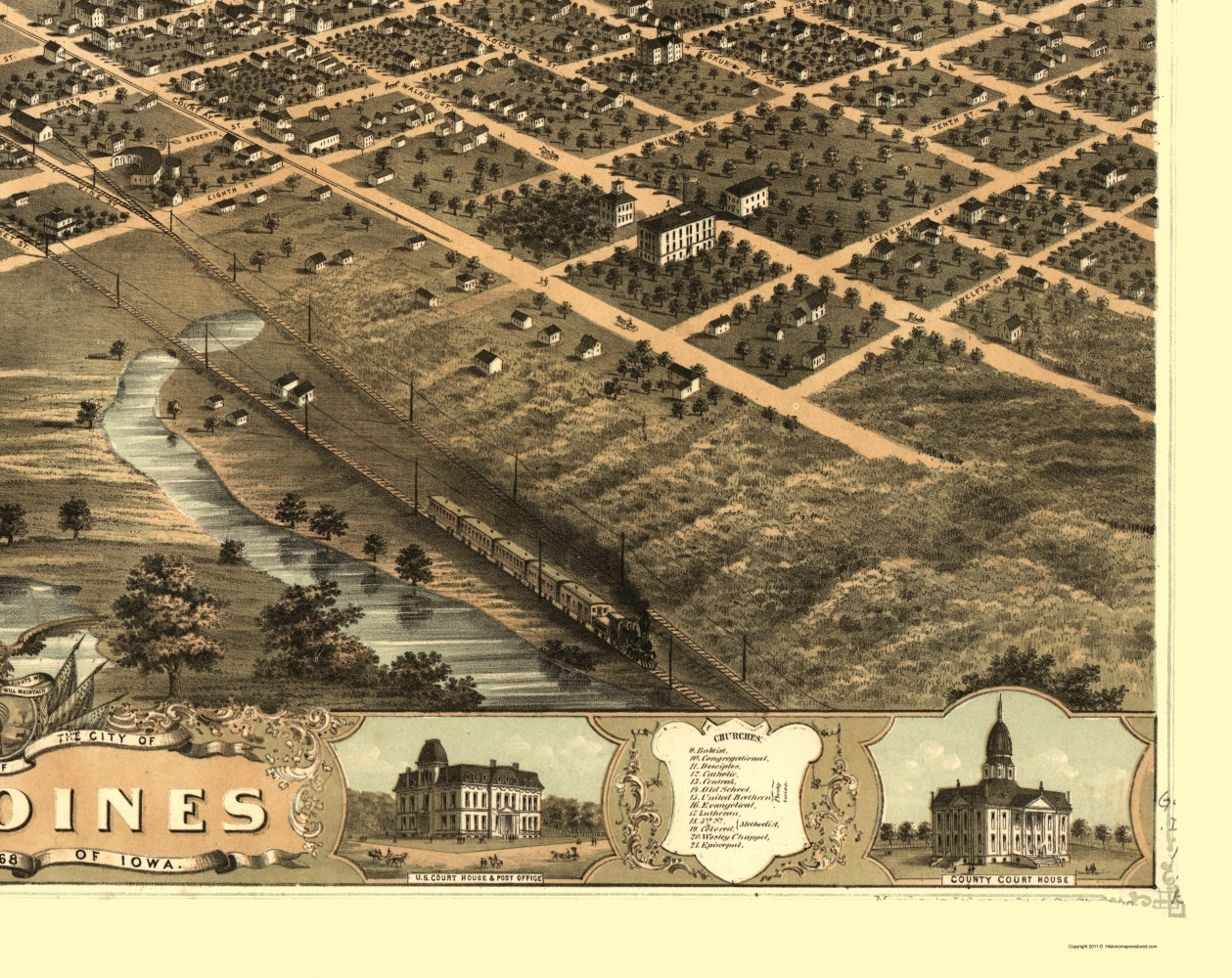 Historic Panoramic View - Des Moines Iowa - Ruger 1868 - 23 x 28.97 - Vintage Wall Art