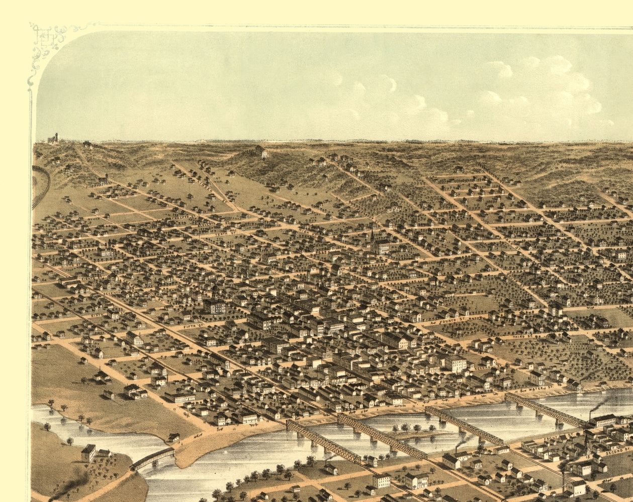 Historic Panoramic View - Des Moines Iowa - Ruger 1868 - 23 x 28.97 - Vintage Wall Art