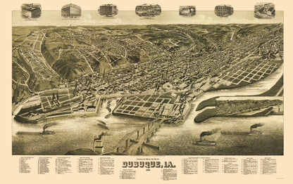 Historic Panoramic View - Dubuque Iowa - Wellge 1889 - 23 x 36.58 - Vintage Wall Art