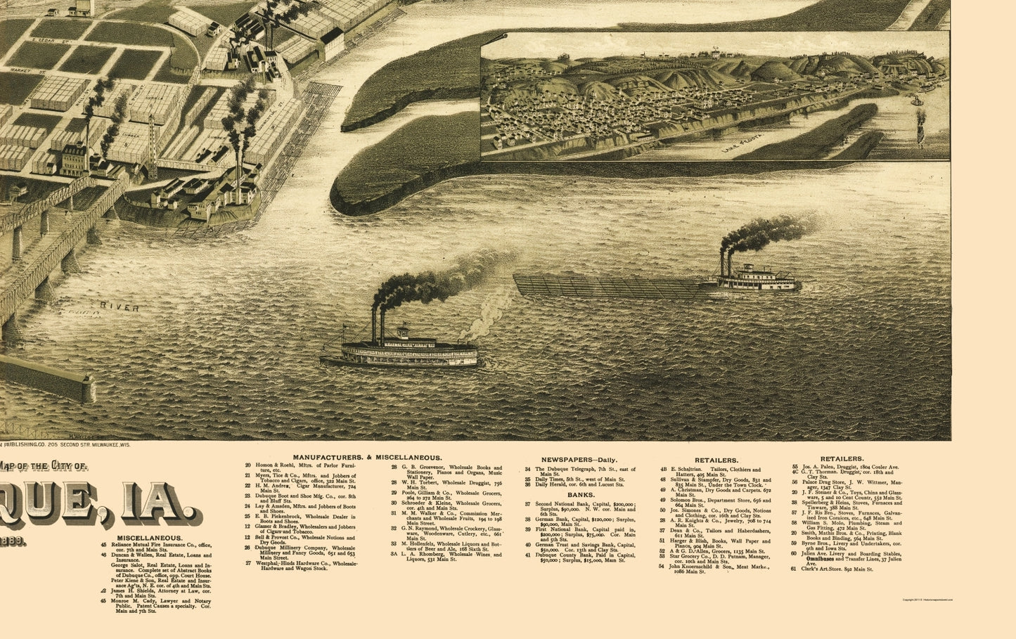 Historic Panoramic View - Dubuque Iowa - Wellge 1889 - 23 x 36.58 - Vintage Wall Art