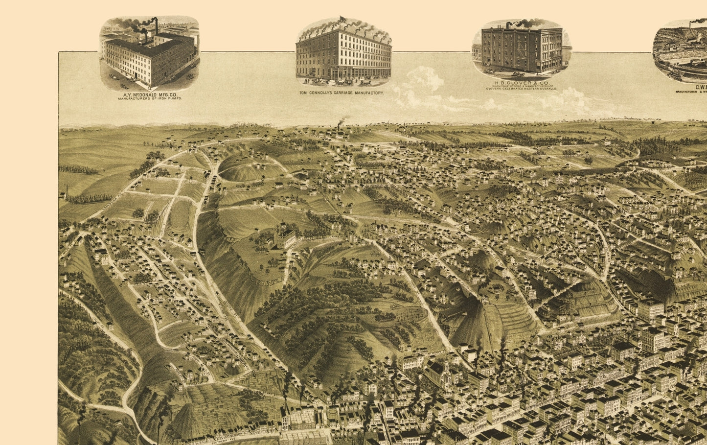 Historic Panoramic View - Dubuque Iowa - Wellge 1889 - 23 x 36.58 - Vintage Wall Art