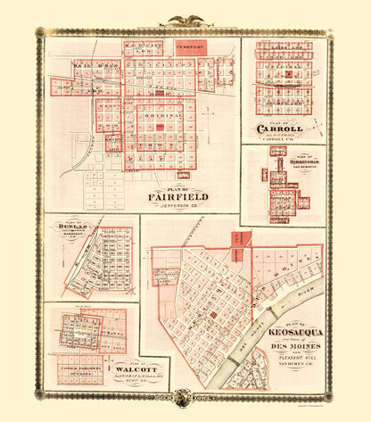 Historic City Map - Fairfield Carroll Birmingham Walcott Keosauqua Iowa - Andreas 1874 - 23x26 - Vintage Wall Art