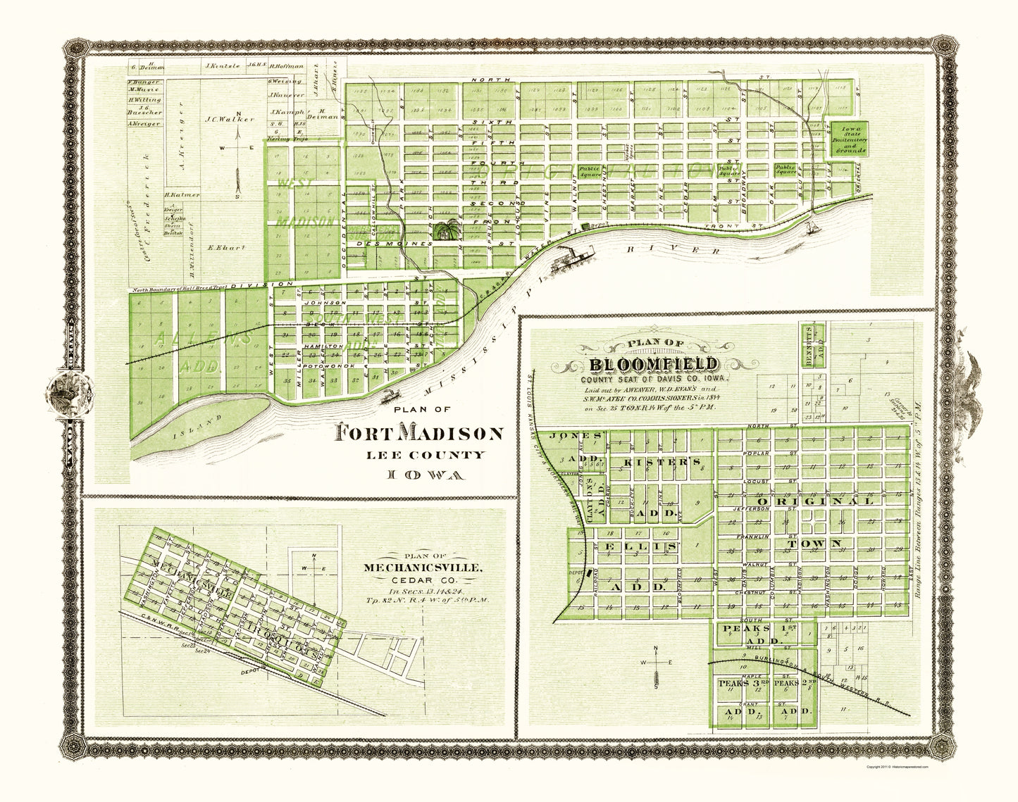 Historic City Map - Fort Madison Mechanicsville Bloomfield Iowa - Andreas 1874 - 23 x 29.17 - Vintage Wall Art