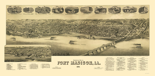 Historic Panoramic View - Fort Madison Iowa - Wellge 1889 - 23 x 46.62 - Vintage Wall Art