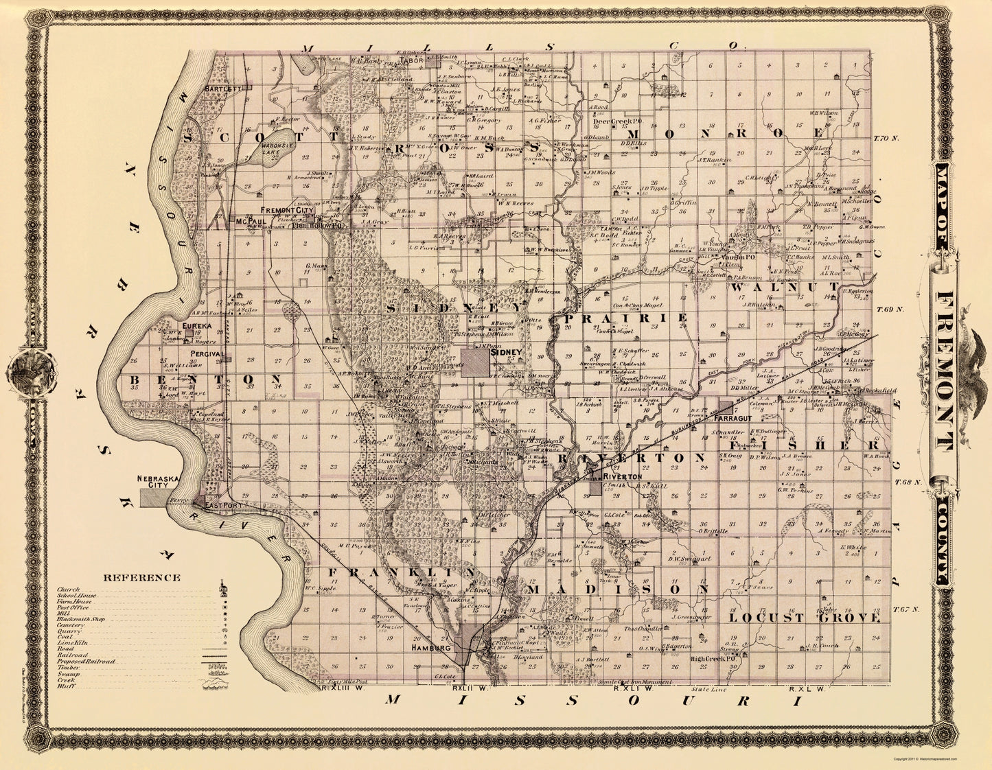 Historic County Map - Fremont County Iowa - Andreas 1875 - 23 x 29.62 - Vintage Wall Art