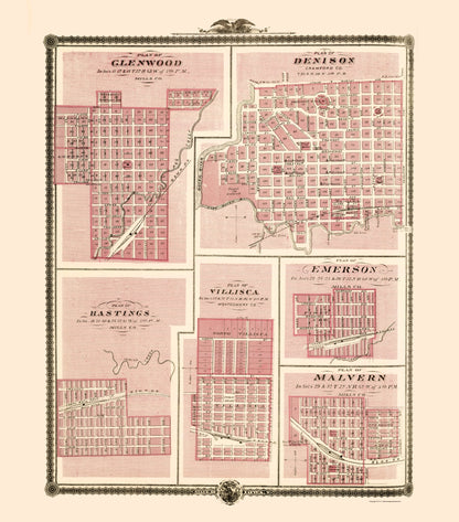 Historic City Map - Glenwood Denison Hastings Iowa - Andreas 1874 - 23 x 26.16 - Vintage Wall Art