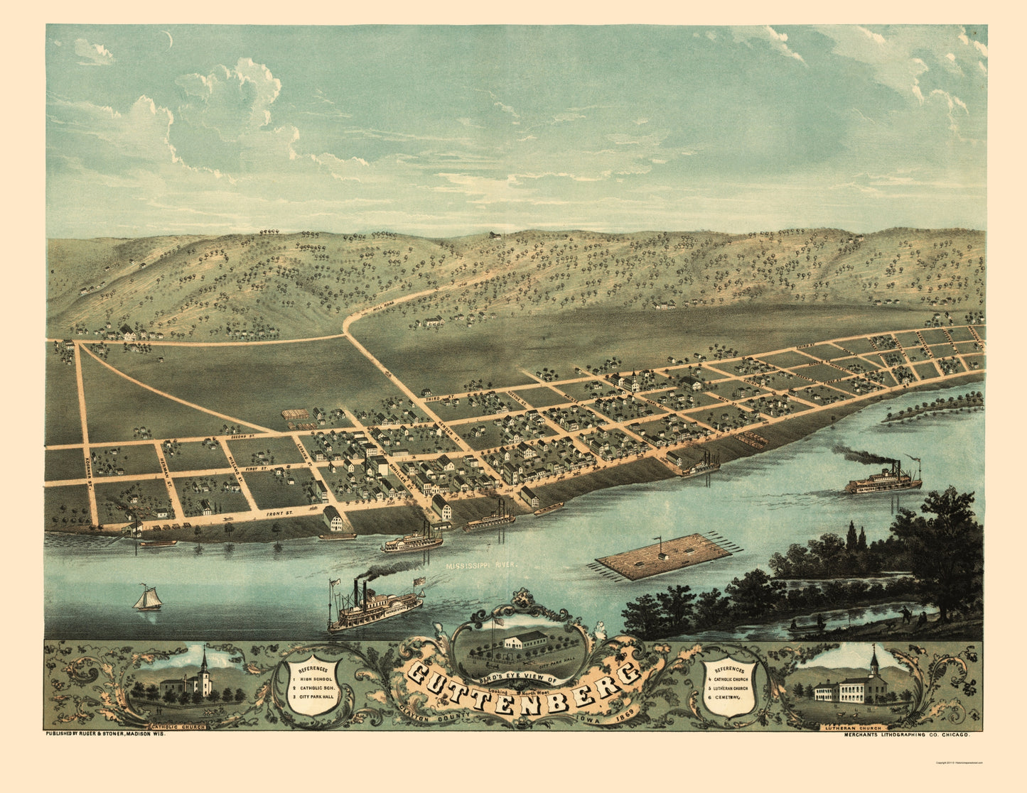 Historic Panoramic View - Guttenberg Iowa - Ruger 1869 - 23 x 29.76 - Vintage Wall Art