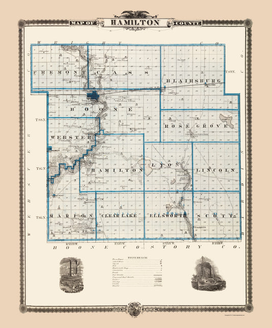 Historic County Map - Hamilton County Iowa - Andreas 1874 - 23 x 27.67 - Vintage Wall Art