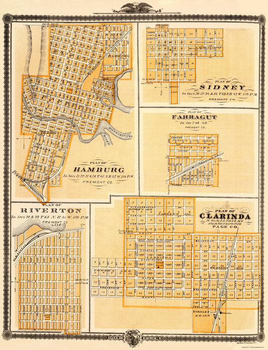 Historic City Map - Hamburg Sidney Farragut Riverton Clarinda Iowa - Andreas 1874 - 23 x 30 - Vintage Wall Art