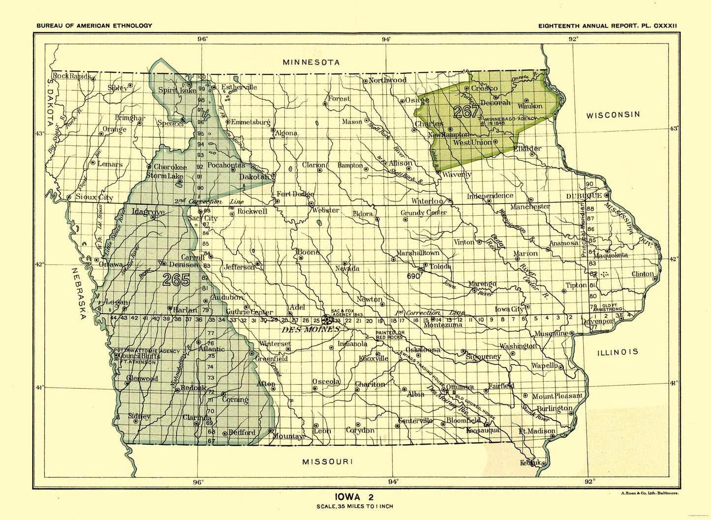 Historic State Map - Iowa - Hoen 1896 - 31.43 x 23 - Vintage Wall Art