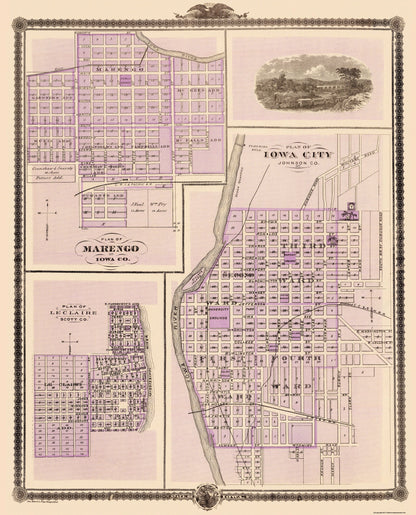 Historic City Map - Iowa City Marengo Le Claire Iowa - Shober 1875 - 23 x 30.44 - Vintage Wall Art